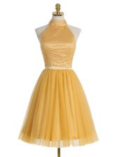  High-neck Sleeveless Zipper Prom Dress Gold Organza