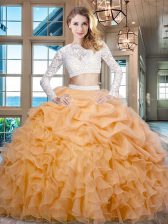  Gold Scoop Zipper Beading and Lace and Ruffles Quinceanera Gowns Long Sleeves