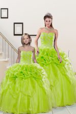 Flare Yellow Green Organza Lace Up Sweetheart Sleeveless Floor Length Quinceanera Dresses Beading and Pick Ups