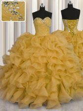  Gold Sweetheart Lace Up Beading and Ruffles 15th Birthday Dress Sleeveless