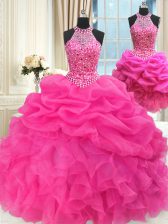 Dazzling Three Piece Halter Top Sleeveless Beading and Ruffles and Pick Ups Lace Up 15th Birthday Dress