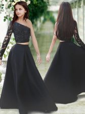  One Shoulder Black Satin Zipper Flower Girl Dress Long Sleeves Floor Length Lace