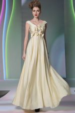 Smart Light Yellow Scoop Neckline Beading and Ruching and Hand Made Flower Dress for Prom Cap Sleeves Side Zipper