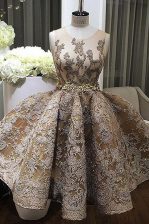 Discount Scoop Mini Length Champagne Prom Party Dress Satin Sleeveless Lace and Appliques