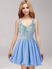 Excellent Straps Criss Cross Mini Length Blue Prom Evening Gown Chiffon Sleeveless Beading and Ruffles