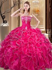  Sweetheart Sleeveless Quinceanera Gowns Floor Length Embroidery and Ruffles Hot Pink Organza