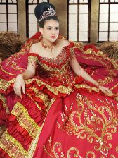 Chic Off the Shoulder Sleeveless Taffeta Floor Length Lace Up Quinceanera Gown in Red with Beading and Embroidery and Ruffled Layers