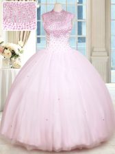  Sweetheart Sleeveless Vestidos de Quinceanera Floor Length Beading Baby Pink Satin and Tulle