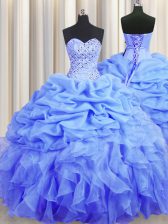 Nice Blue Lace Up Sweetheart Beading and Ruffles and Pick Ups Quinceanera Dress Organza Sleeveless