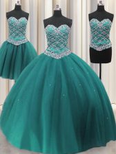 Enchanting Three Piece Sequins Ball Gowns 15th Birthday Dress Teal Sweetheart Tulle Sleeveless Floor Length Lace Up