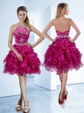  Halter Top Knee Length Fuchsia Dress for Prom Organza Sleeveless Beading and Ruffles and Pick Ups