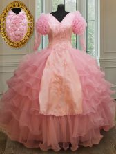 Exquisite Organza Half Sleeves Floor Length Sweet 16 Quinceanera Dress and Beading and Embroidery and Ruffled Layers