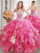  Sweetheart Sleeveless Organza Ball Gown Prom Dress Beading and Ruffles and Sequins Lace Up