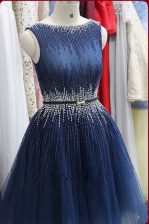 Lovely Scoop Sleeveless Tulle Knee Length Zipper Prom Dress in Navy Blue with Beading