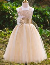  Sleeveless Floor Length Lace Lace Up Toddler Flower Girl Dress with Champagne