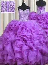 Delicate Sweetheart Sleeveless Quinceanera Gowns Sweep Train Beading and Ruffles Lilac Organza