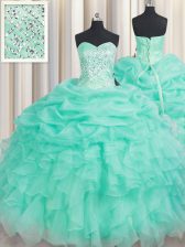 Comfortable Floor Length Apple Green 15 Quinceanera Dress Organza Sleeveless Beading and Ruffles and Pick Ups