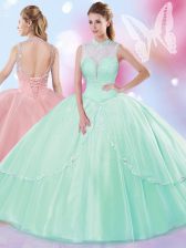  Apple Green Ball Gowns High-neck Sleeveless Tulle Floor Length Lace Up Beading Quinceanera Dresses