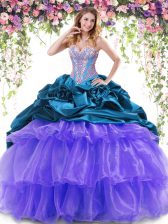  Sleeveless Organza and Taffeta With Brush Train Lace Up Sweet 16 Quinceanera Dress in Multi-color with Beading and Ruffled Layers and Pick Ups