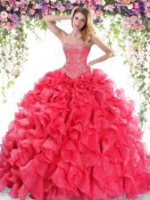 Captivating Sweep Train Ball Gowns 15th Birthday Dress Red Sweetheart Organza Sleeveless Lace Up