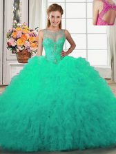  Scoop Turquoise Lace Up Sweet 16 Dresses Beading and Ruffles Sleeveless Floor Length
