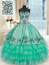  Turquoise Ball Gowns Embroidery and Ruffled Layers Sweet 16 Quinceanera Dress Lace Up Organza and Taffeta Sleeveless Floor Length