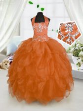  Halter Top Orange Red Sleeveless Floor Length Beading and Ruffles Lace Up Little Girls Pageant Dress