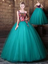High End One Shoulder Sleeveless Tulle Floor Length Lace Up Ball Gown Prom Dress in Teal with Pattern