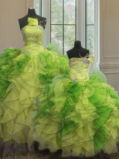  Sleeveless Floor Length Beading and Ruffles Lace Up Vestidos de Quinceanera with Multi-color