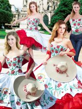 Hot Selling Four Piece White And Red Lace Up Sweet 16 Dresses Embroidery and Ruffles Sleeveless Floor Length