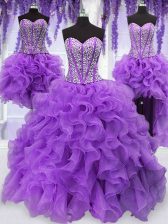 Smart Four Piece Sequins Floor Length Ball Gowns Sleeveless Eggplant Purple Sweet 16 Dresses Lace Up