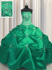 Extravagant Embroidery Ball Gowns Vestidos de Quinceanera Turquoise Strapless Taffeta Sleeveless Floor Length Lace Up