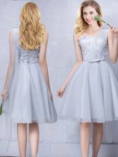 Sweet One Shoulder Tulle Sleeveless Knee Length Quinceanera Court of Honor Dress and Lace and Appliques and Belt