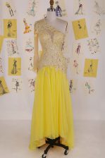  Yellow Column/Sheath Organza One Shoulder Sleeveless Appliques High Low Side Zipper Prom Dress