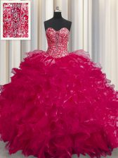  See Through Coral Red Sleeveless Floor Length Beading and Ruffles Lace Up Sweet 16 Dress