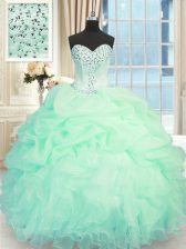  Sleeveless Organza Floor Length Lace Up Sweet 16 Dresses in Apple Green with Beading and Ruffles