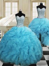 Sophisticated Three Piece Baby Blue Ball Gowns Beading and Ruffles Quinceanera Dress Lace Up Organza Sleeveless Floor Length