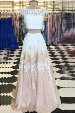  Champagne Chiffon Backless Bateau Cap Sleeves Floor Length Prom Gown Beading and Lace