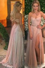Modest Pink Sleeveless Sweep Train Beading and Appliques Prom Party Dress