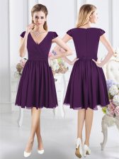  Purple Dama Dress Prom and Party with Ruching V-neck Cap Sleeves Zipper