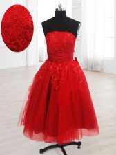  Red A-line Strapless Sleeveless Organza Knee Length Lace Up Embroidery Homecoming Dress