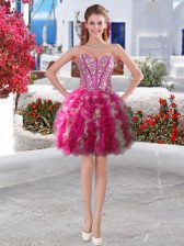 Fuchsia Ball Gowns Beading and Ruffles Prom Evening Gown Lace Up Organza Sleeveless Mini Length
