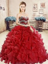  Red Organza Lace Up Ball Gown Prom Dress Sleeveless Floor Length Beading and Ruffles