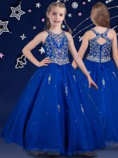 Cute Royal Blue Scoop Zipper Beading Little Girl Pageant Gowns Sleeveless