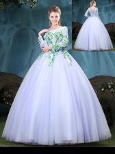 Glittering Lavender Tulle Lace Up Scoop Long Sleeves Floor Length Quinceanera Gowns Appliques