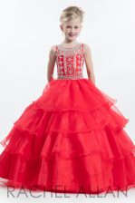  Scoop Sleeveless Organza Floor Length Zipper Pageant Gowns For Girls in Watermelon Red with Beading and Ruffled Layers