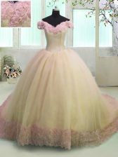 Luxurious Off The Shoulder Short Sleeves Court Train Lace Up Vestidos de Quinceanera Yellow Organza