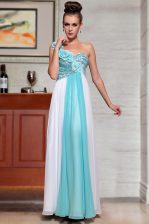 Modest Ankle Length Blue And White Evening Dress Chiffon Sleeveless Beading and Sequins and Hand Made Flower