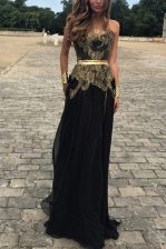  Black Backless Evening Dress Lace and Appliques Sleeveless Floor Length