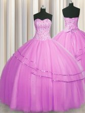  Visible Boning Really Puffy Lilac Ball Gowns Tulle Sweetheart Sleeveless Beading Floor Length Lace Up Quinceanera Dress